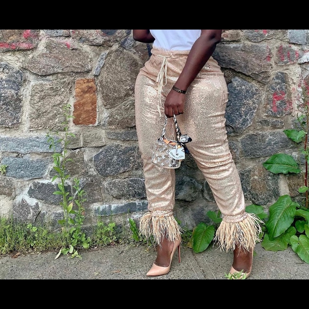 Sequin Joggers w/Feather Trim
